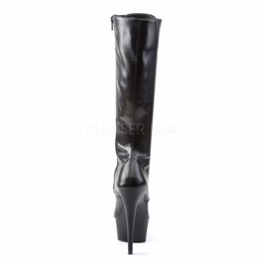 Product image of Pleaser Delight-2023 Black Stretch Faux Leather/Black Matte, 6 inch (15.2 cm) Heel, 1 3/4 inch (4.4 cm) Platform Knee High Boot
