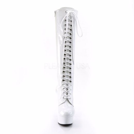 Product image of Pleaser Delight-2023 White Stretch Patent/White, 6 inch (15.2 cm) Heel, 1 3/4 inch (4.4 cm) Platform Knee High Boot