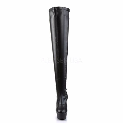 Product image of Pleaser Delight-3000 Black Stretch Faux Leather/Black Matte, 6 inch (15.2 cm) Heel, 1 3/4 inch (4.4 cm) Platform Thigh High Boot