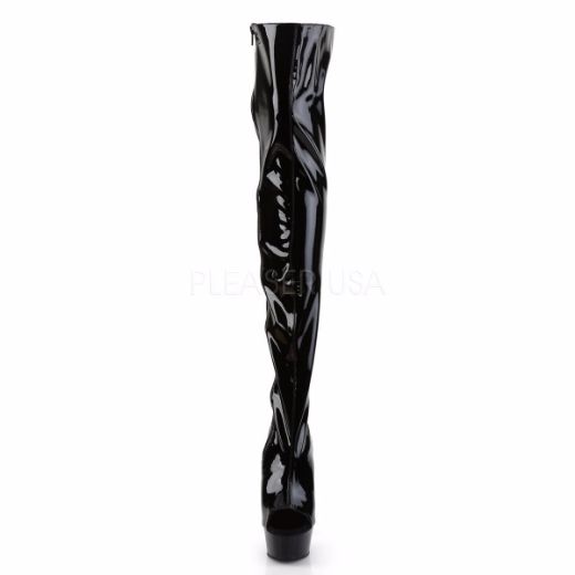 Product image of Pleaser Delight-3017 Black Stretch Patent/Black, 6 inch (15.2 cm) Heel, 1 3/4 inch (4.4 cm) Platform Thigh High Boot