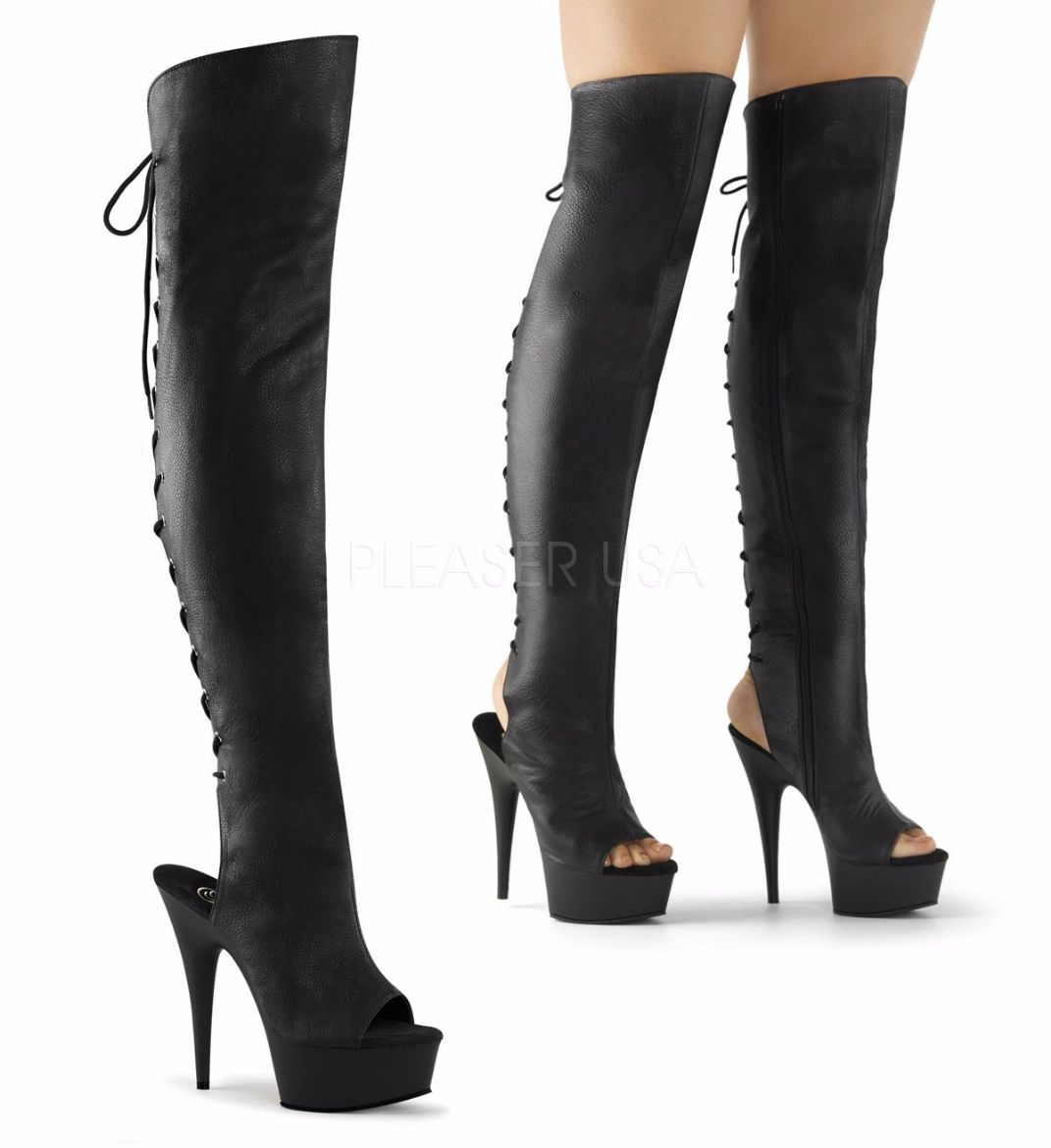 Product image of Pleaser Delight-3019 Black Faux Leather/Black Matte, 6 inch (15.2 cm) Heel, 1 3/4 inch (4.4 cm) Platform Thigh High Boot