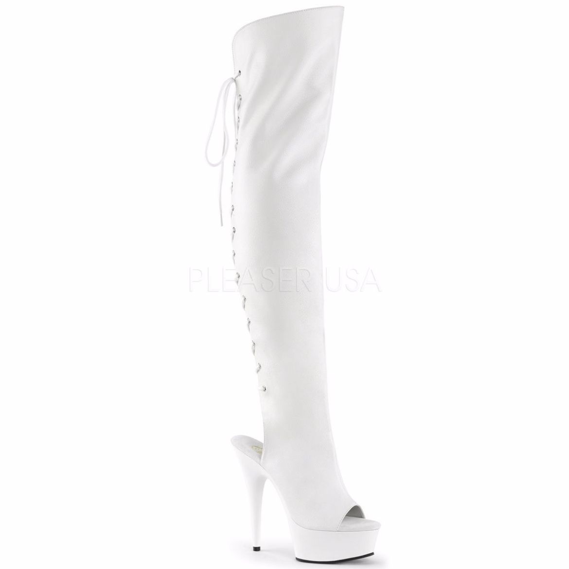 Product image of Pleaser Delight-3019 White Faux Leather/White, 6 inch (15.2 cm) Heel, 1 3/4 inch (4.4 cm) Platform Thigh High Boot