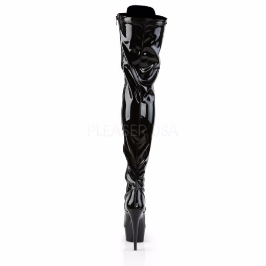 Product image of Pleaser Delight-3023 Black Stretch Patent/Black, 6 inch (15.2 cm) Heel, 1 3/4 inch (4.4 cm) Platform Thigh High Boot