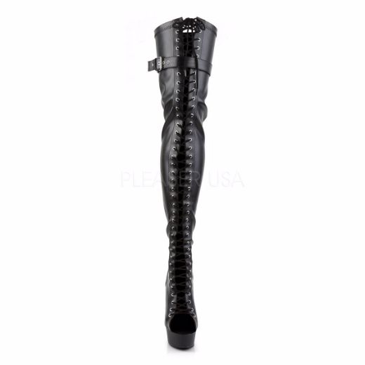Product image of Pleaser Delight-3025 Black Stretch Faux Leather/Black Matte, 6 inch (15.2 cm) Heel, 1 3/4 inch (4.4 cm) Platform Thigh High Boot