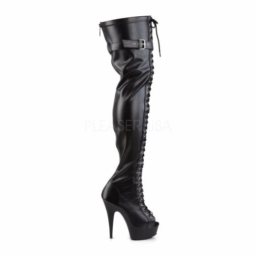 Product image of Pleaser Delight-3025 Black Stretch Faux Leather/Black Matte, 6 inch (15.2 cm) Heel, 1 3/4 inch (4.4 cm) Platform Thigh High Boot