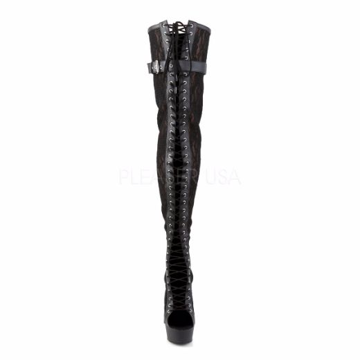 Product image of Pleaser Delight-3025Ml Black Faux Leather-Mesh-Lace/Black Matte, 6 inch (15.2 cm) Heel, 1 3/4 inch (4.4 cm) Platform Thigh High Boot