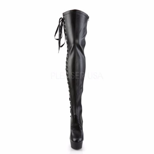 Product image of Pleaser Delight-3050 Black Stretch Faux Leather/Black Matte, 6 inch (15.2 cm) Heel, 1 3/4 inch (4.4 cm) Platform Thigh High Boot