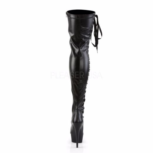 Product image of Pleaser Delight-3050 Black Stretch Faux Leather/Black Matte, 6 inch (15.2 cm) Heel, 1 3/4 inch (4.4 cm) Platform Thigh High Boot