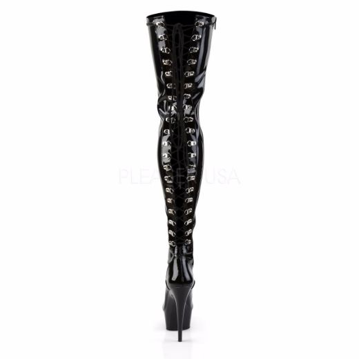 Product image of Pleaser Delight-3063 Black Stretch Patent/Black, 6 inch (15.2 cm) Heel, 1 3/4 inch (4.4 cm) Platform Thigh High Boot