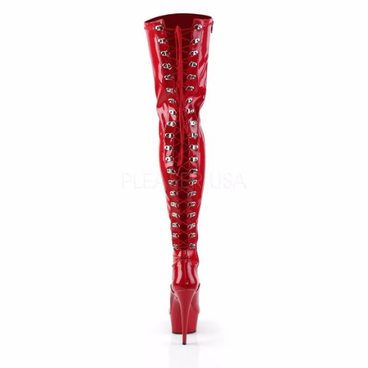 Product image of Pleaser Delight-3063 Red Stretch Patent/Red, 6 inch (15.2 cm) Heel, 1 3/4 inch (4.4 cm) Platform Thigh High Boot