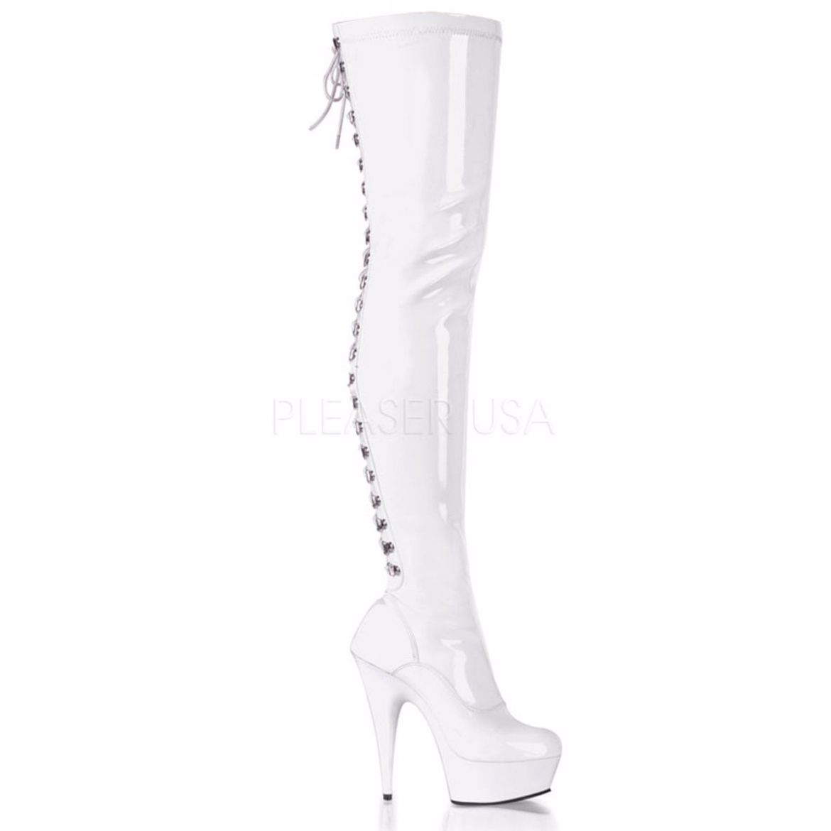 Product image of Pleaser Delight-3063 White Stretch Patent/White, 6 inch (15.2 cm) Heel, 1 3/4 inch (4.4 cm) Platform Thigh High Boot