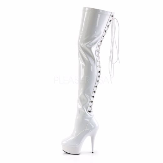 Product image of Pleaser Delight-3063 White Stretch Patent/White, 6 inch (15.2 cm) Heel, 1 3/4 inch (4.4 cm) Platform Thigh High Boot
