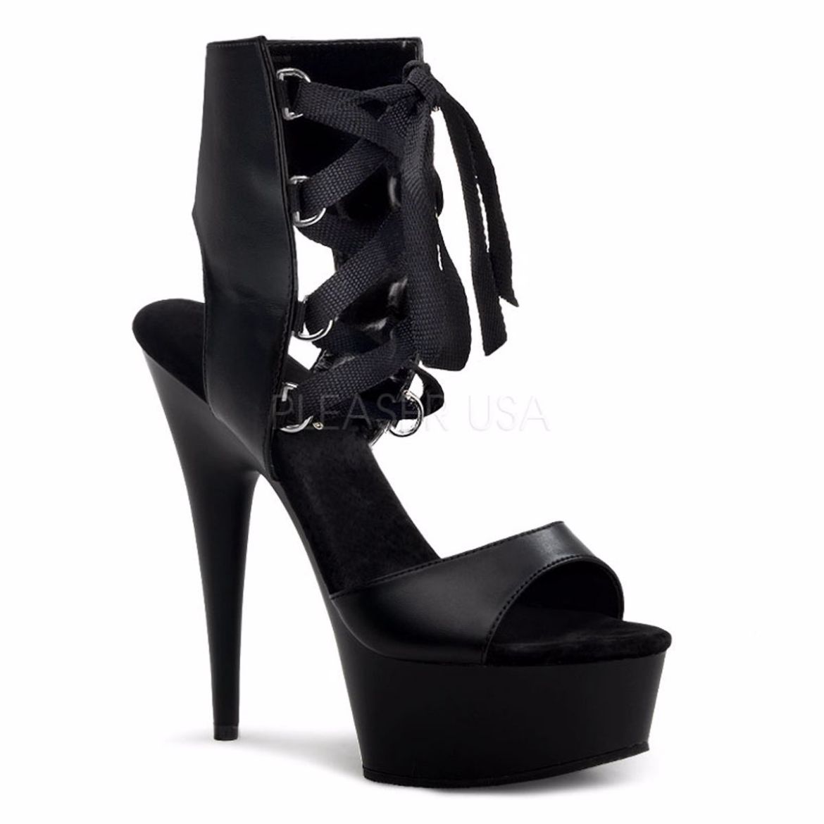 Product image of Pleaser Delight-600-14 Black Faux Leather/ Black, 6 inch (15.2 cm) Heel, 1 3/4 inch (4.4 cm) Platform Sandal Shoes