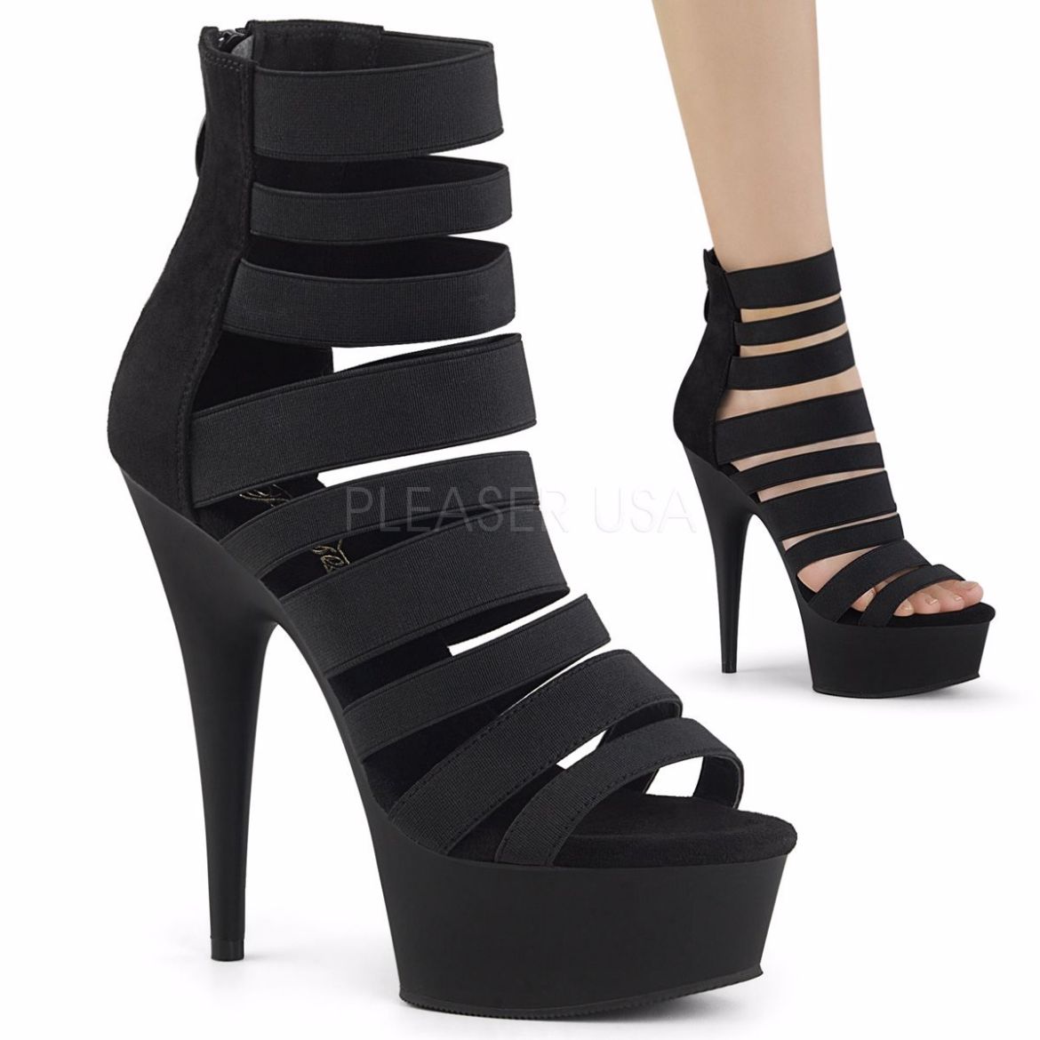 Product image of Pleaser Delight-600-17 Black Elastic Band/Black Matte, 6 inch (15.2 cm) Heel, 1 3/4 inch (4.4 cm) Platform Sandal Shoes