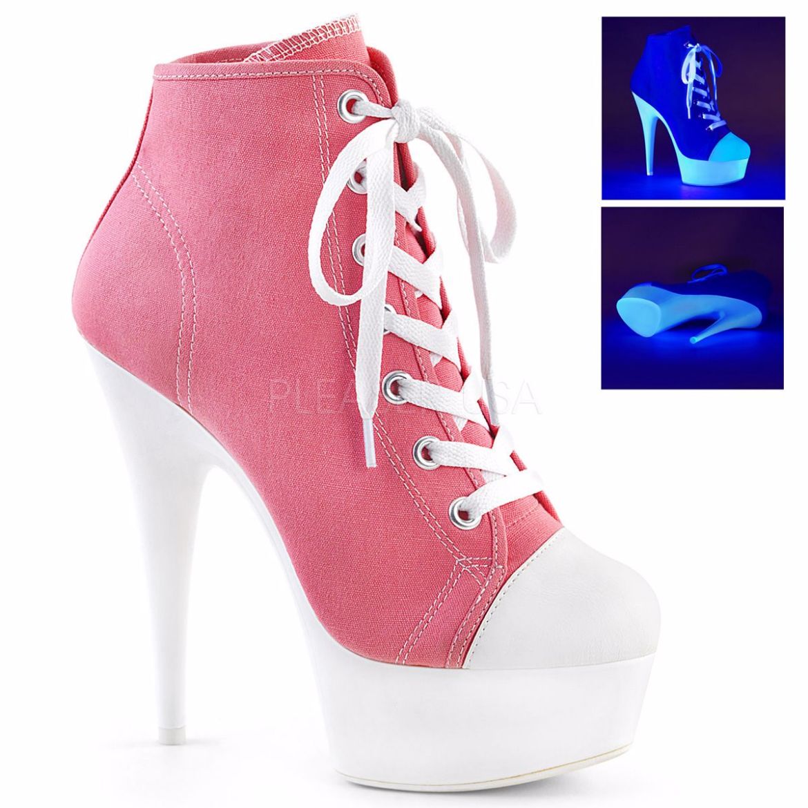 Product image of Pleaser Delight-600Sk-02 Pink Canvas/Neon White, 6 inch (15.2 cm) Heel, 1 3/4 inch (4.4 cm) Platform Ankle Boot