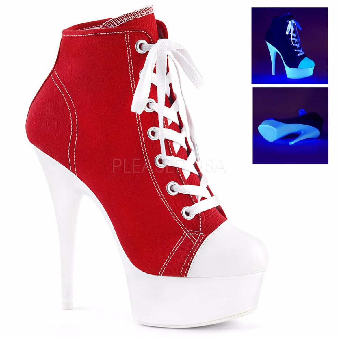 Product image of Pleaser Delight-600Sk-02 Red Canvas/Neon White, 6 inch (15.2 cm) Heel, 1 3/4 inch (4.4 cm) Platform Ankle Boot