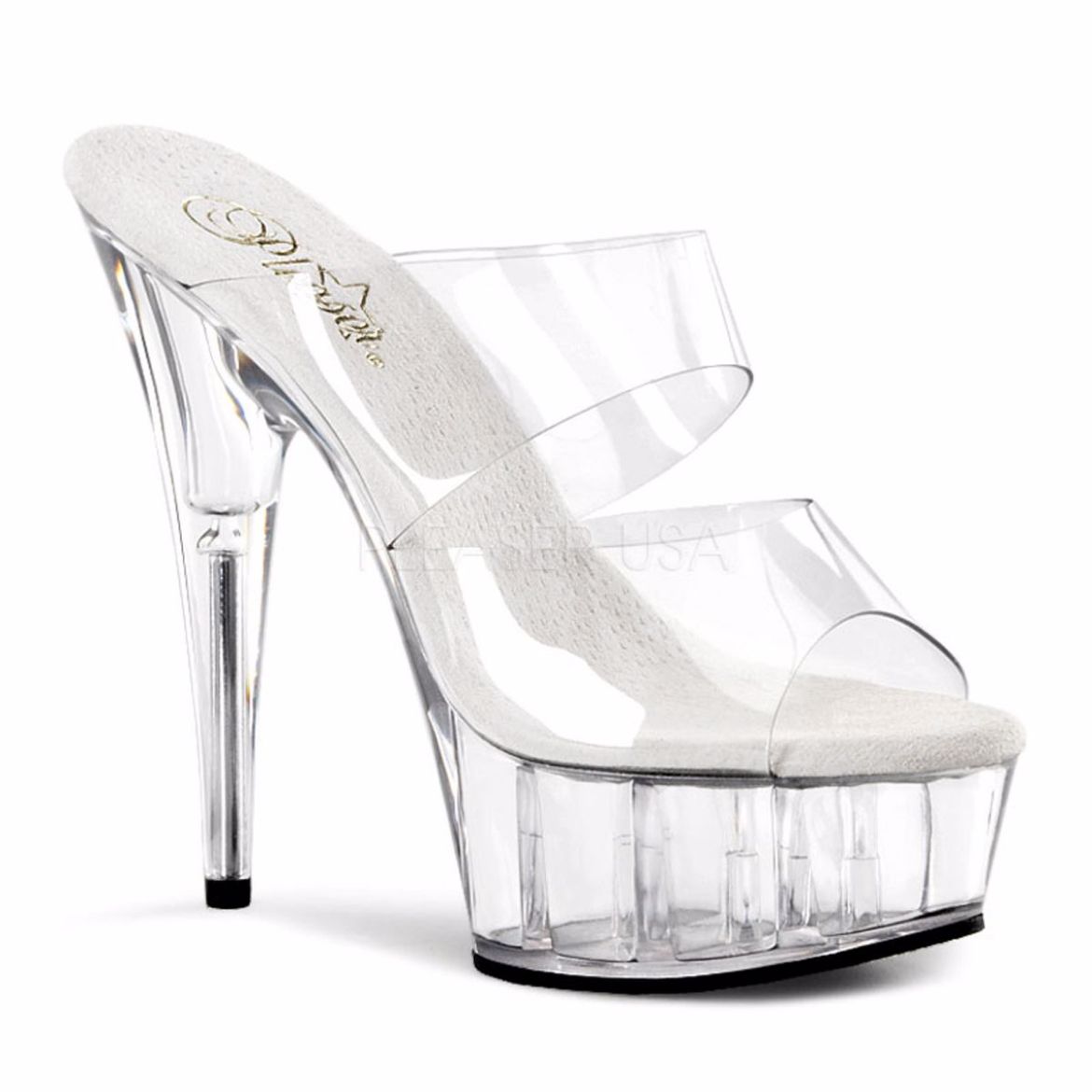 Product image of Pleaser Delight-602 Clear/Clear, 6 inch (15.2 cm) Heel, 1 3/4 inch (4.4 cm) Platform Slide Mule Shoes