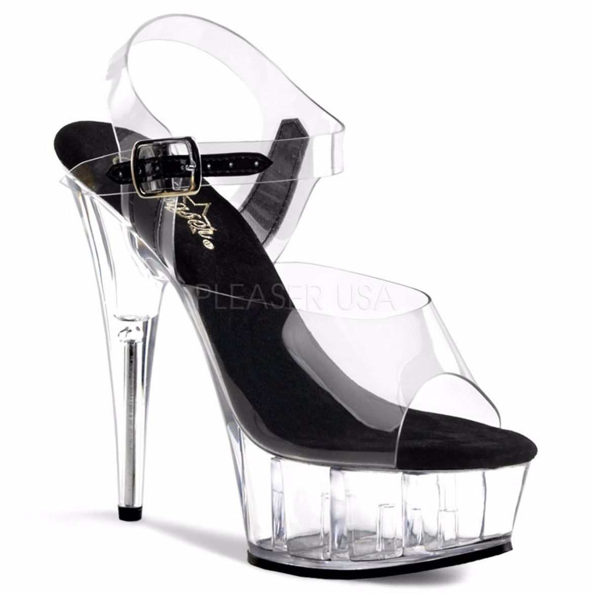 Product image of Pleaser Delight-608 Clear-Black/Clear, 6 inch (15.2 cm) Heel, 1 3/4 inch (4.4 cm) Platform Sandal Shoes