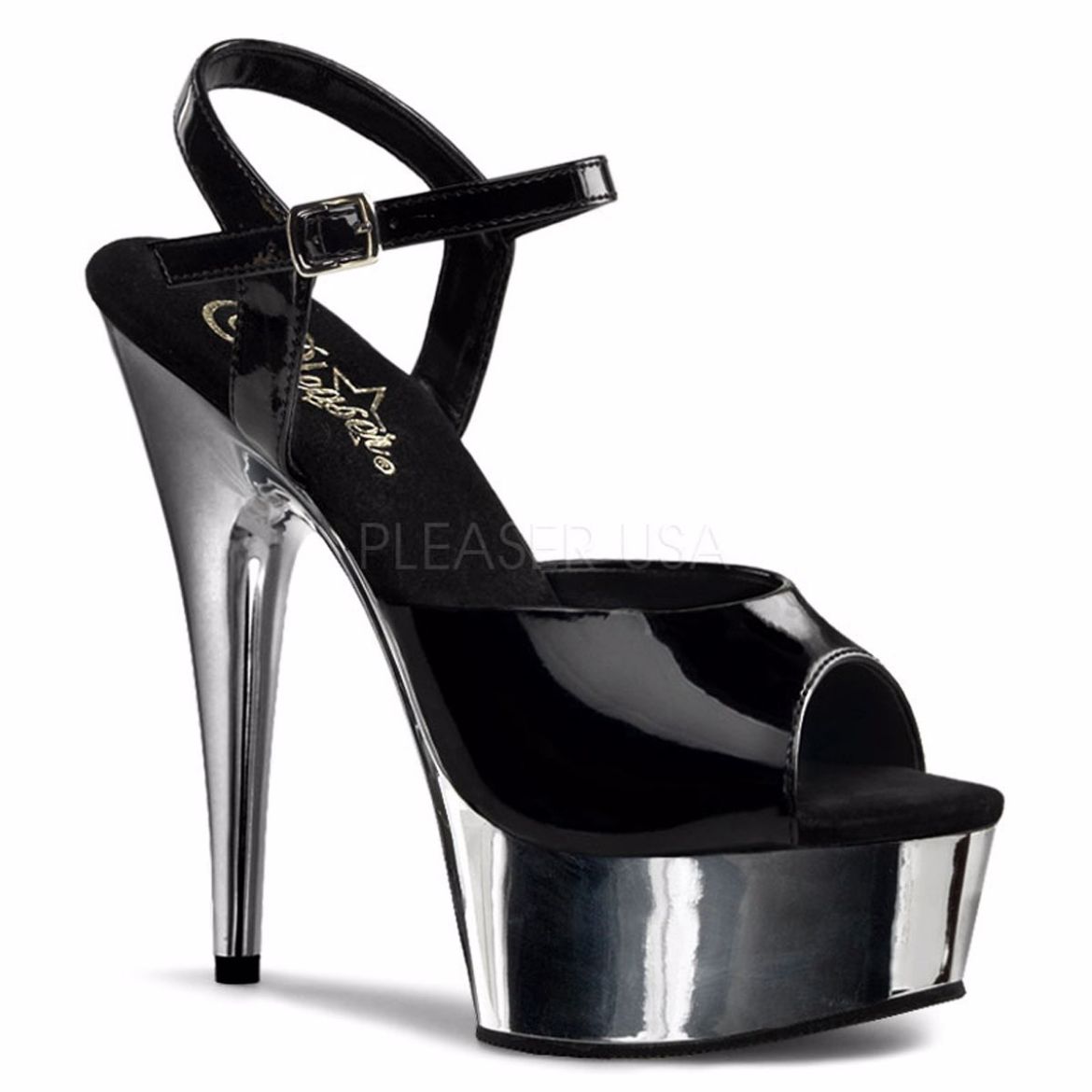 Product image of Pleaser Delight-609 Black/Silver Chrome, 6 inch (15.2 cm) Heel, 1 3/4 inch (4.4 cm) Platform Sandal Shoes