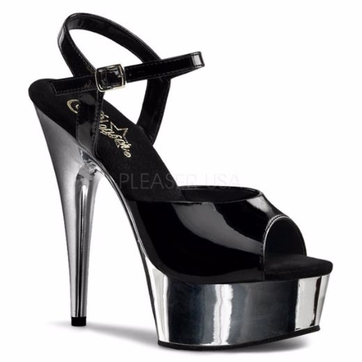 Product image of Pleaser Delight-609 Black/Silver Chrome, 6 inch (15.2 cm) Heel, 1 3/4 inch (4.4 cm) Platform Sandal Shoes