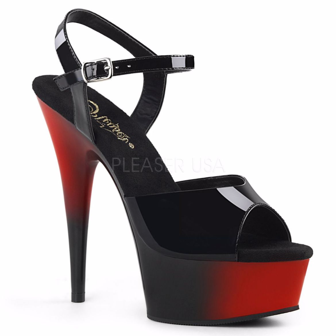 Product image of Pleaser Delight-609Br Black Patent/Red-Black, 6 inch (15.2 cm) Heel, 1 3/4 inch (4.4 cm) Platform Sandal Shoes