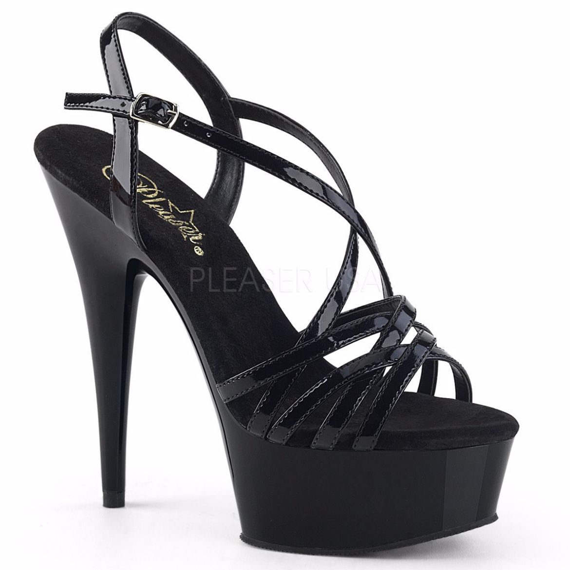Product image of Pleaser Delight-613 Black Patent/Black, 6 inch (15.2 cm) Heel, 1 3/4 inch (4.4 cm) Platform Sandal Shoes
