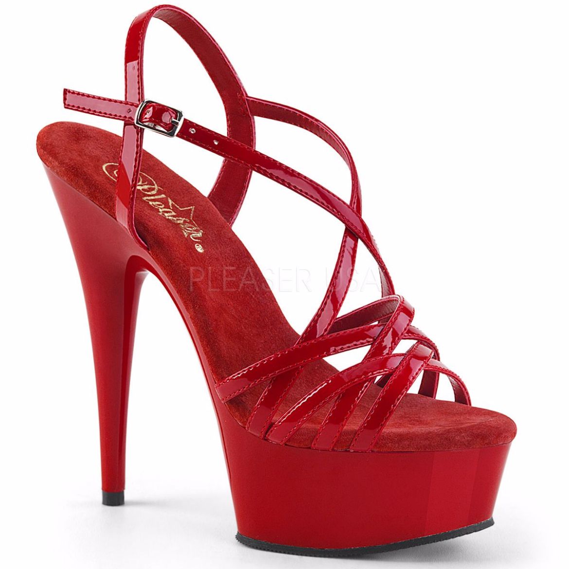 Product image of Pleaser Delight-613 Red Patent/Red, 6 inch (15.2 cm) Heel, 1 3/4 inch (4.4 cm) Platform Sandal Shoes