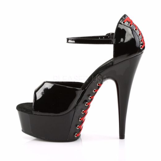 Product image of Pleaser Delight-660Fh Black Patent/Black (Red Lace), 6 inch (15.2 cm) Heel, 1 3/4 inch (4.4 cm) Platform Sandal Shoes