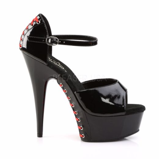 Product image of Pleaser Delight-660Fh Black Patent/Black (Red Lace), 6 inch (15.2 cm) Heel, 1 3/4 inch (4.4 cm) Platform Sandal Shoes
