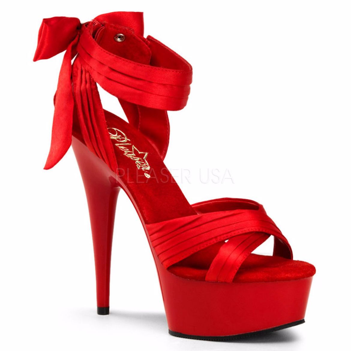 Product image of Pleaser Delight-668 Red Satin/Red, 6 inch (15.2 cm) Heel, 1 3/4 inch (4.4 cm) Platform Sandal Shoes