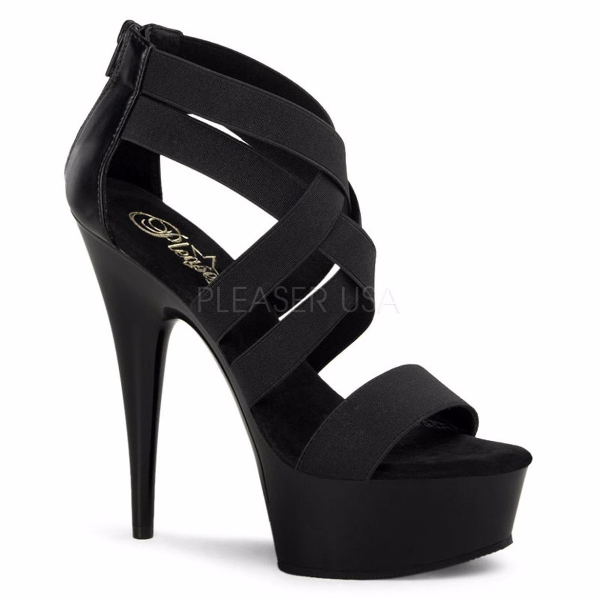 Product image of Pleaser Delight-669 Black Elastic Band/Black, 6 inch (15.2 cm) Heel, 1 3/4 inch (4.4 cm) Platform Sandal Shoes