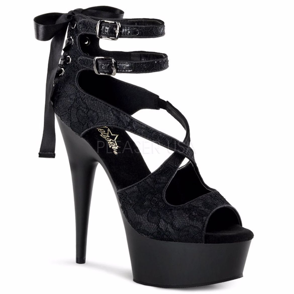 Product image of Pleaser Delight-678Lc Black Satin-Lace/Black Matte, 6 inch (15.2 cm) Heel, 1 3/4 inch (4.4 cm) Platform Sandal Shoes