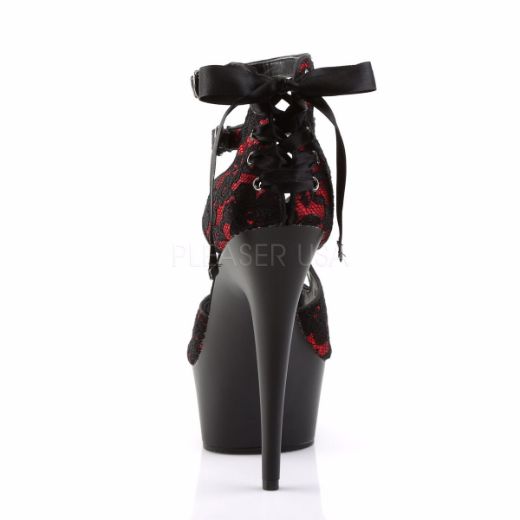 Product image of Pleaser Delight-678Lc Red Satin-Lace/Black Matte, 6 inch (15.2 cm) Heel, 1 3/4 inch (4.4 cm) Platform Sandal Shoes