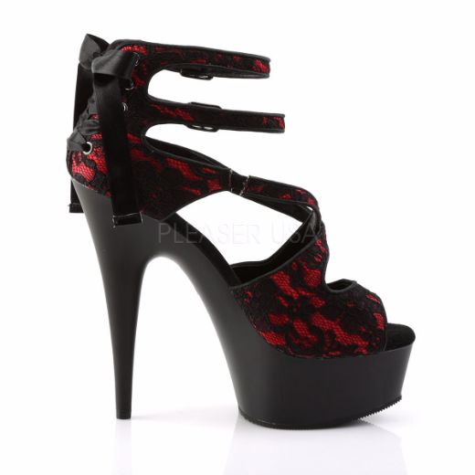 Product image of Pleaser Delight-678Lc Red Satin-Lace/Black Matte, 6 inch (15.2 cm) Heel, 1 3/4 inch (4.4 cm) Platform Sandal Shoes