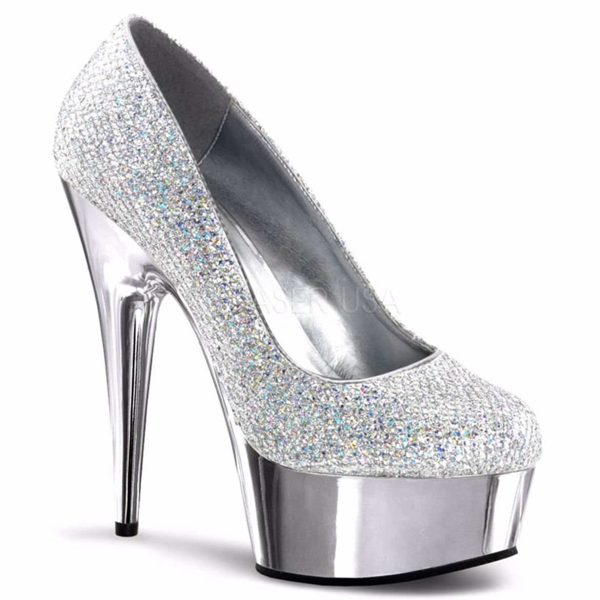 Product image of Pleaser Delight-685G Silver Multi Glitter/Silver Chrome, 6 inch (15.2 cm) Heel, 1 3/4 inch (4.4 cm) Platform Court Pump Shoes