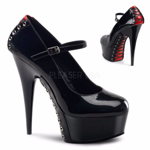 Product image of Pleaser Delight-687Fh Black-Red Patent/Black, 6 inch (15.2 cm) Heel, 1 3/4 inch (4.4 cm) Platform Court Pump Shoes