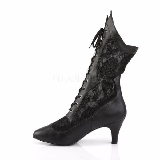 Product image of Pleaser Pink Label Divine-1050 Black Faux Leather-Satin Lace, 3 inch (7.6 cm) Heel Ankle Boot