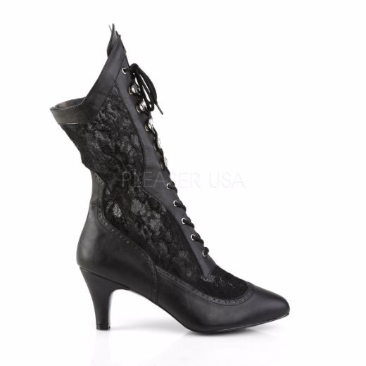 Product image of Pleaser Pink Label Divine-1050 Black Faux Leather-Satin Lace, 3 inch (7.6 cm) Heel Ankle Boot