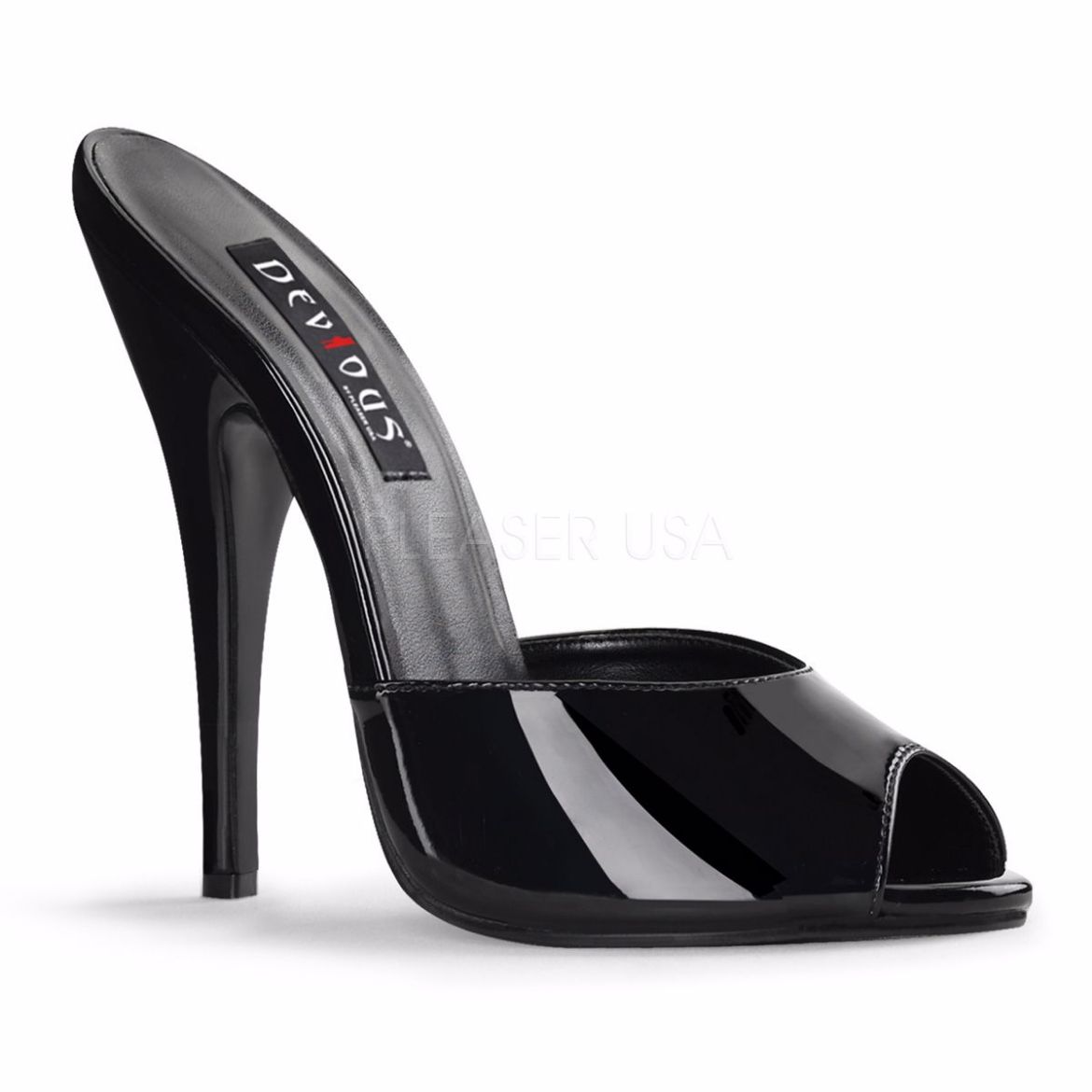 Product image of Devious Domina-101 Black Patent, 6 inch (15.2 cm) Heel Slide Mule Shoes