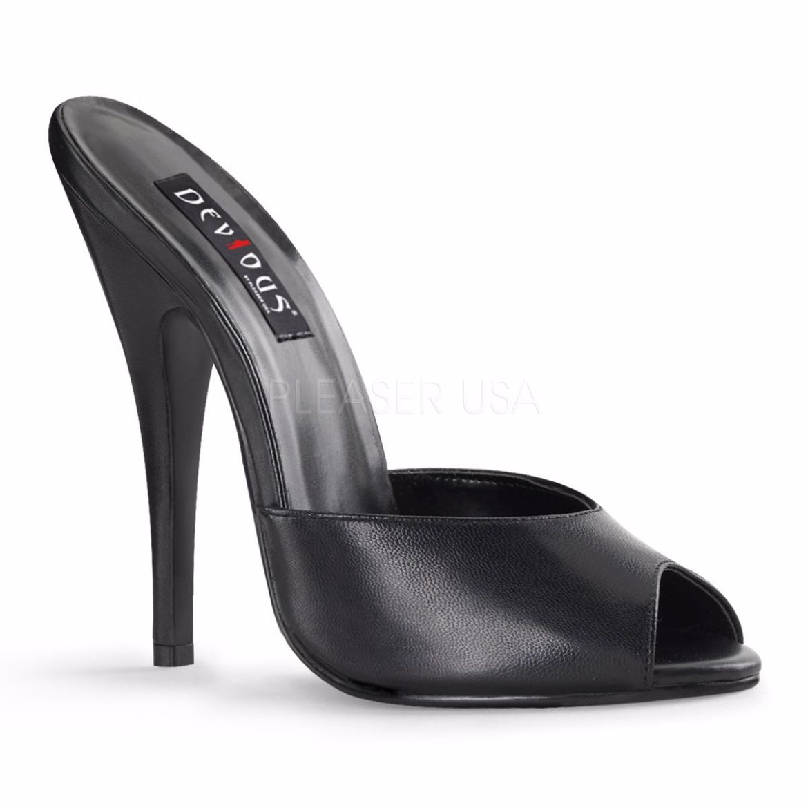 Product image of Devious Domina-101 Black Leather, 6 inch (15.2 cm) Heel Slide Mule Shoes