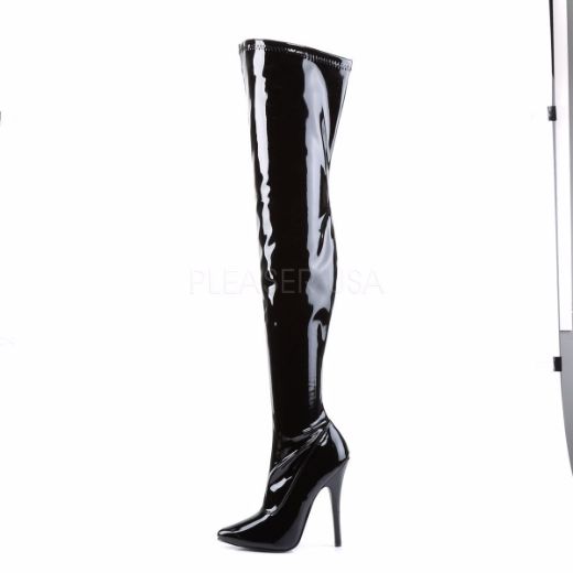 Product image of Devious Domina-3000 Black Stretch Patent, 6 inch (15.2 cm) Heel Thigh High Boot