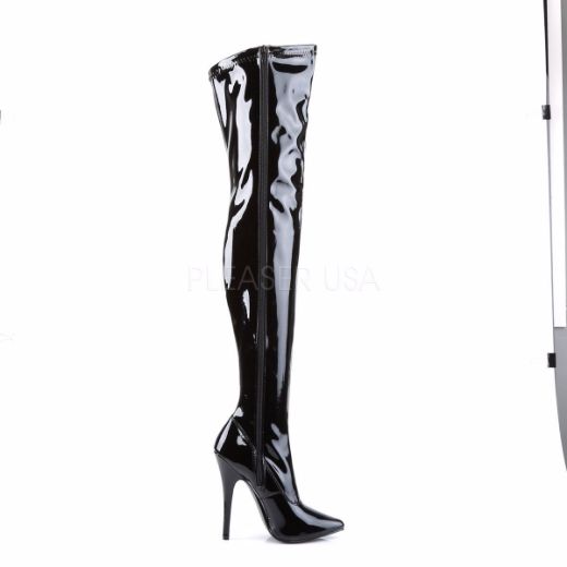 Product image of Devious Domina-3000 Black Stretch Patent, 6 inch (15.2 cm) Heel Thigh High Boot