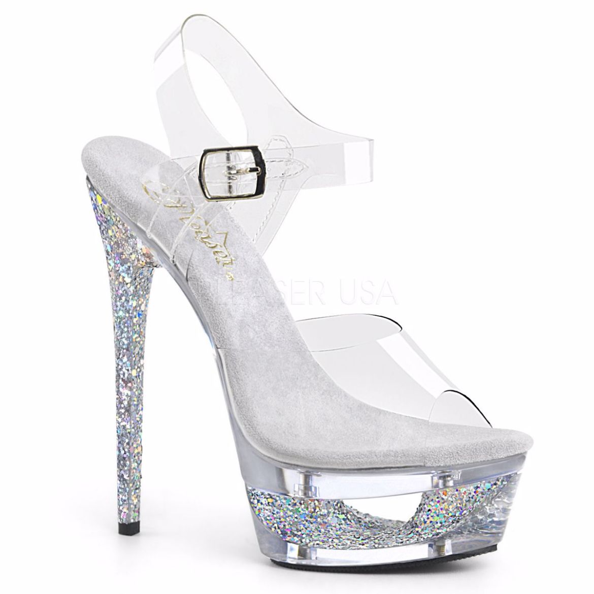 Product image of Pleaser Eclipse-608Gt Clear/Silver Multi Glitter-Clear, 6 1/2 inch (16.5 cm) Heel, 1 3/4 inch (4.4 cm) Platform Sandal Shoes