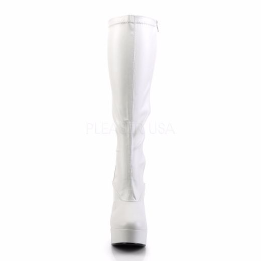 Product image of Pleaser Electra-2000Z White Stretch Faux Leather, 5 inch (12.7 cm) Heel, 1 1/2 inch (3.8 cm) Platform Knee High Boot