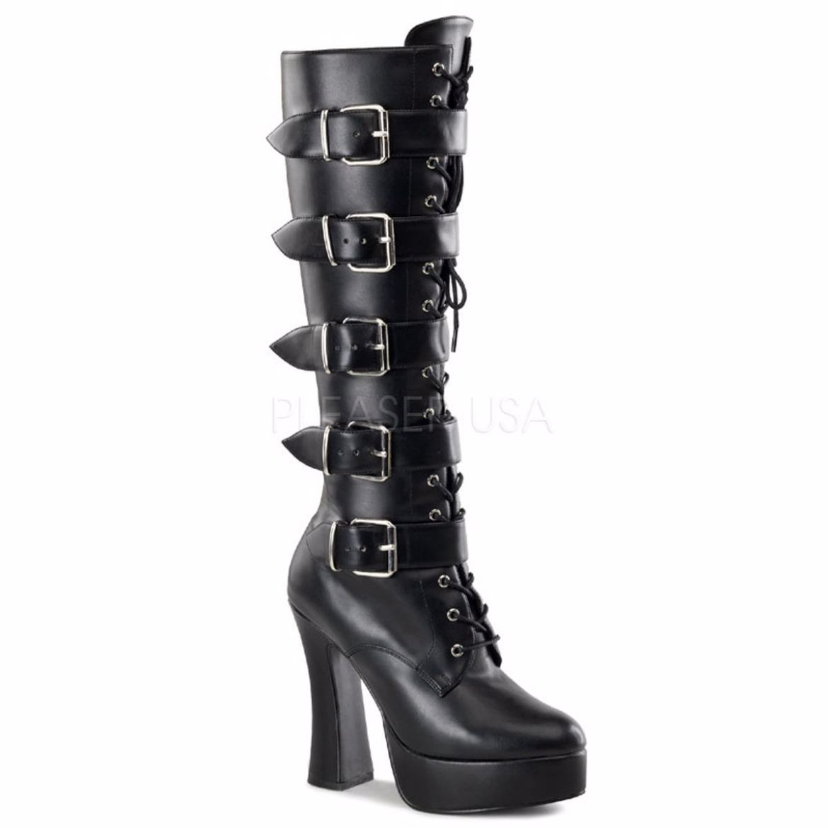 Product image of Pleaser Electra-2042 Black Faux Leather, 5 inch (12.7 cm) Heel, 1 1/2 inch (3.8 cm) Platform Knee High Boot