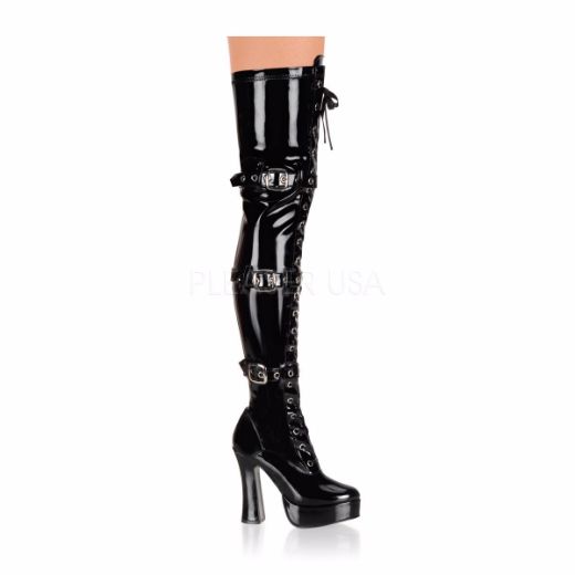 Product image of Pleaser Electra-3028 Black Stretch Patent, 5 inch (12.7 cm) Heel, 1 1/2 inch (3.8 cm) Platform Thigh High Boot