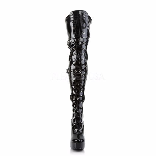 Product image of Pleaser Electra-3028 Black Stretch Patent, 5 inch (12.7 cm) Heel, 1 1/2 inch (3.8 cm) Platform Thigh High Boot