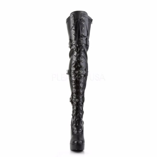 Product image of Pleaser Electra-3028 Black Stretch Faux Leather, 5 inch (12.7 cm) Heel, 1 1/2 inch (3.8 cm) Platform Thigh High Boot