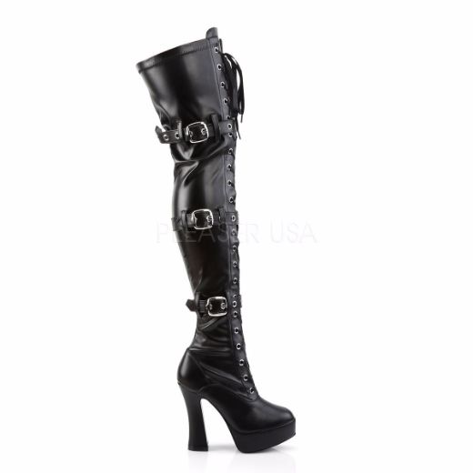 Product image of Pleaser Electra-3028 Black Stretch Faux Leather, 5 inch (12.7 cm) Heel, 1 1/2 inch (3.8 cm) Platform Thigh High Boot
