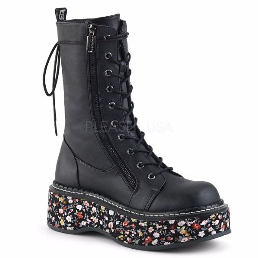Product image of Demonia Emily-350 Black Vegan Leather-Floral Fabric, 2 inch Platform Knee High Boot